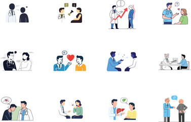 Collection of people interacting in various scenarios isolated on transparent background