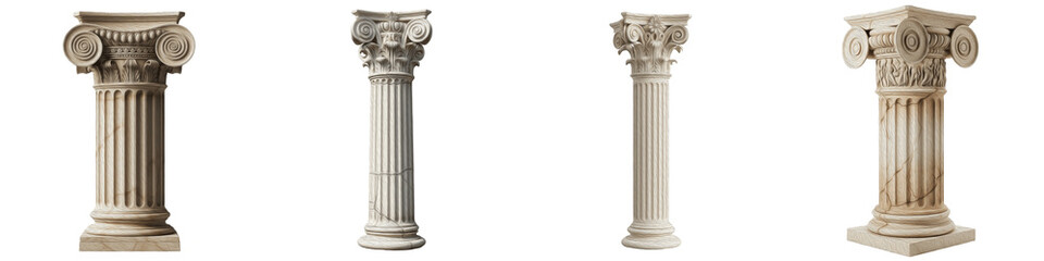 Obraz premium Title: Set of ancient Greek and Roman stone columns with Ionic and Corinthian capitals isolated on white background