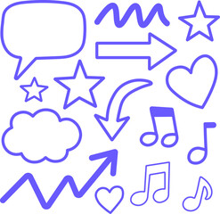 Hand Drawn Doodle Icons Set with Arrows, Hearts, Stars, Speech Bubble, Music Notes, Clouds and Abstract Shapes