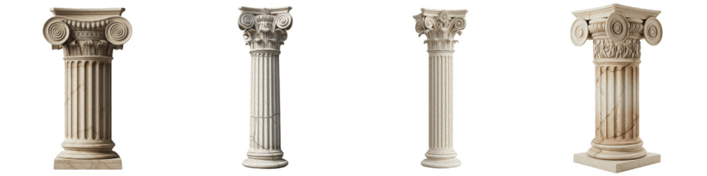 Title: Set of ancient Greek and Roman stone columns with Ionic and Corinthian capitals isolated on white background