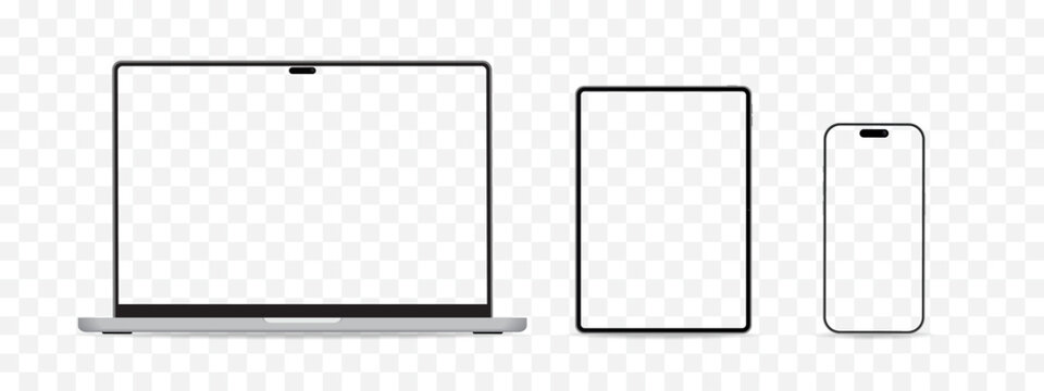 Modern Device Mockup Set with Laptop, Tablet and Smartphone, Front View Screens for UI UX Design, App Demo, Responsive Website and Digital Presentation Vector Illustration