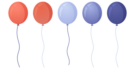 Minimal vector illustration of five balloons with strings, in soft blue and coral color palette. Clean shapes, gentle gradients and balanced composition, ideal for celebration, childhood or calm deco