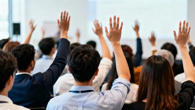 People Raising Hands During Corporate Seminar Session, Rows Of Attendees In Suits, Focused Expressions, Presenter Offstage, Bright Conference Hall, Collaborative Decision Atmosphere