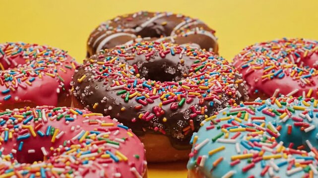 Video Assortment of colorful donuts with sprinkles on a bright yellow background 4k video