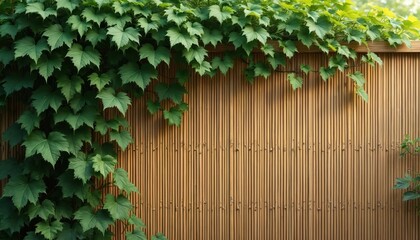 Naklejka premium Green ivy vines grow on natural bamboo fence. Rich foliage covers rustic wood panels. Fresh leaves create organic garden wall pattern. Natural vertical backdrop for nature scenes.