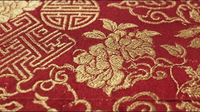 A closeup of red brocade fabric featuring intricate gold embroidery of a large flower a mythical creature stylized clouds a circular medallion and geometric fretwork