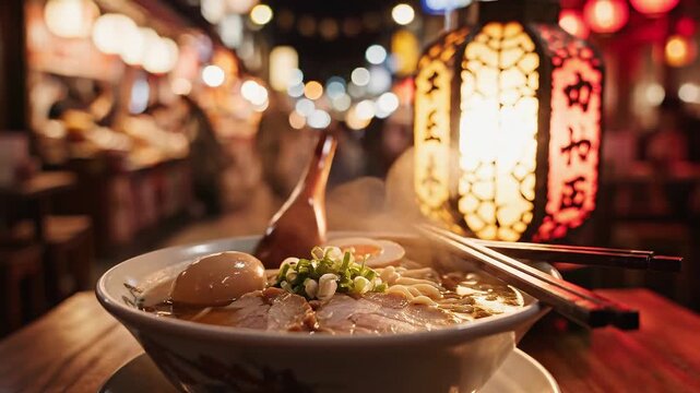 Warm noodle bowl with chopstick beside lantern at night street, steam rising from Asian food comfort meal, warm light bokeh, traditional style cozy warm restaurant scene 4k video
