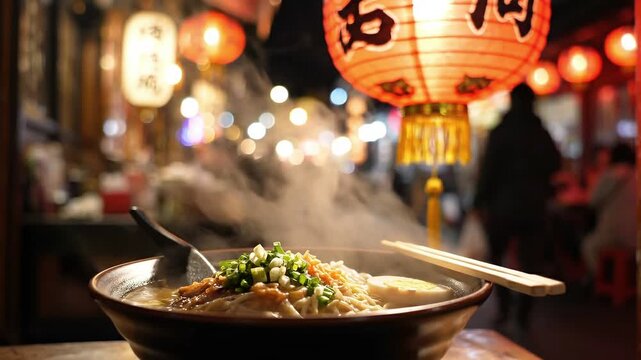 Warm noodle bowl with chopstick beside lantern at night street, steam rising from Asian food comfort meal, warm light bokeh, traditional style cozy warm restaurant scene 4k video