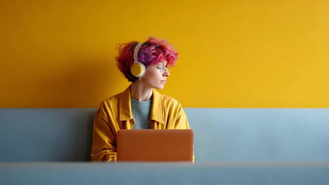 Vibrant haired professional working remotely on laptop, wearing headphones in contemporary coworking environment with bright yellow and blue accents, embodying modern flexible work lifestyle