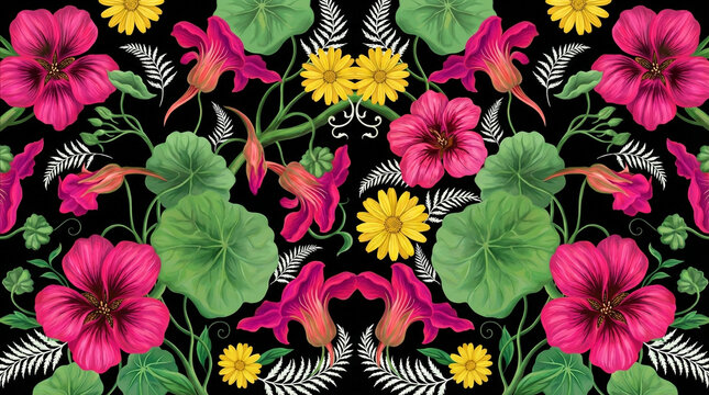 Vibrant Floral Pattern with Pink and Yellow Flowers on Black Background seamless