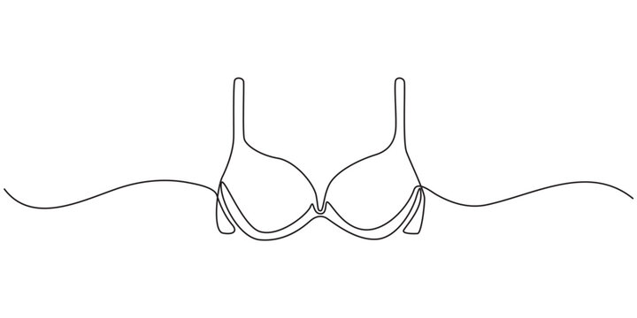 Continuous line art of bra, Continuous one simple single line drawing of push up bra icon in silhouette on a white background. Linear stylized,  Bathing Suit Bikini Single Line Drawing with Editable.