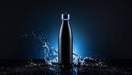 Sleek Black Water Bottle with Dramatic Splash of Water in Studio Setting for Health and Wellness Concept.