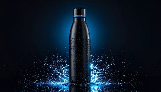 Modern black water bottle with water splash for hydration and healthy lifestyle promotion on dark background.