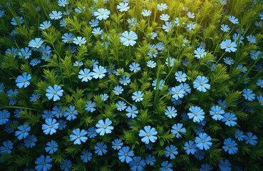 Fototapeta premium Many delicate blue flowers bloom abundantly in green fields. Delicate petals and yellow centers create a vibrant natural pattern. Rich foliage grows densely around blossoms.