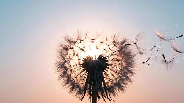 Dandelion Seeds Blowing Away in the Wind Against Sunset Sky Animation