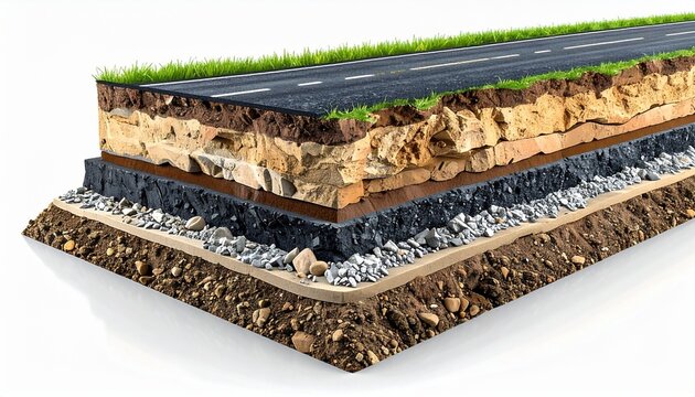 Road construction cross section showing layers of asphalt gravel and earth ground composition.
