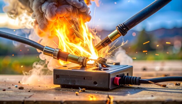 Short Circuit Disaster Cables Sparks Explosion and Smoke Electrical Overload Power Surge Malfunction Mishap Risk.