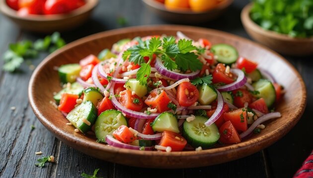 Salata Baladi salad with chopped tomatoes, cucumbers, red onions, and parsley, dressed with lemon. Served in wooden bowl on dark rustic table. Fresh, healthy, and vibrant vegetarian dish.