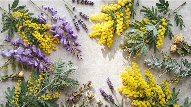 A flat lay of yellow mimosa purple wisteria and lavender with dried flowers and foliage on a textured linen background