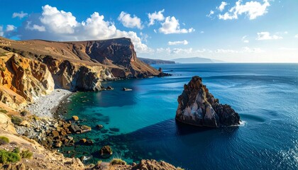 Fototapeta premium Rugged Coastal Beauty of a Dramatic Island Landscape on a Sunny Day with Crystal Clear Water.