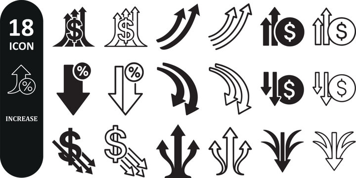 Increase and decrease related icon set silhouette bold outline vector.