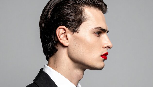 Stylish man with slicked hair and bright red lips expressing self confidence and identity on neutral background.