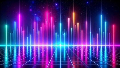 Fototapeta premium Vibrant Abstract Neon Grid with Glowing Vertical Beams for Modern Backgrounds and Futuristic Designs.