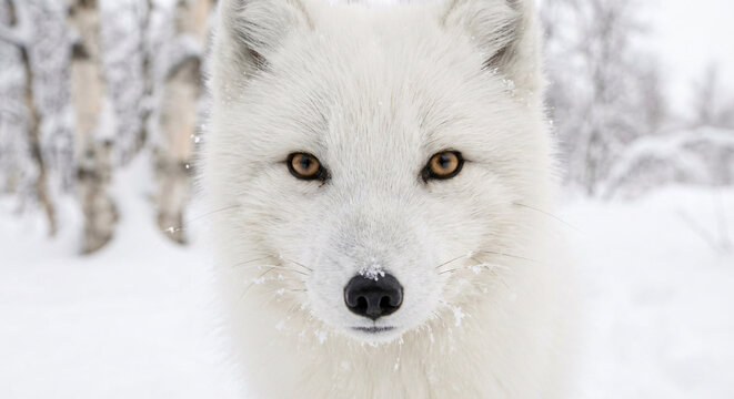 Portret białego lisa polarnego lub wilka patrzącego w obiektyw