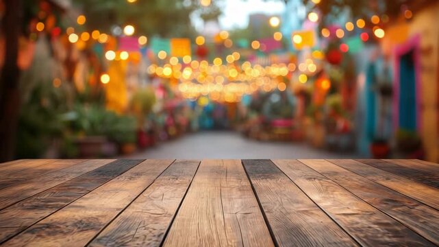 Cinco de Mayo empty wooden table with vibrant Mexican fiesta background, perfect for product presentation and montage display