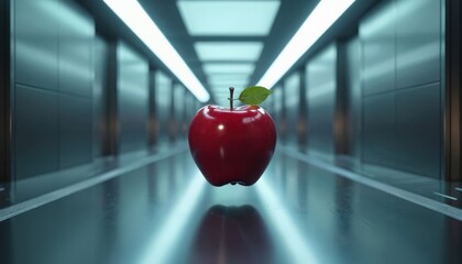 Fototapeta premium Red apple floats in sci-fi tunnel. Shiny fruit with leaf in futuristic corridor. Glowing lights line modern walkway. Digital space with reflective floor.