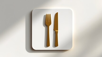 Luxury minimal flat icon design of cutlery: matte gold fork and knife on a clean white background.