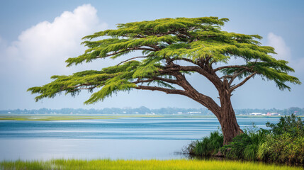 Salt cedar tree invasive species by a riverbank