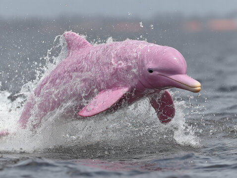 A rare pink river dolphin swimming in the Amazon river.