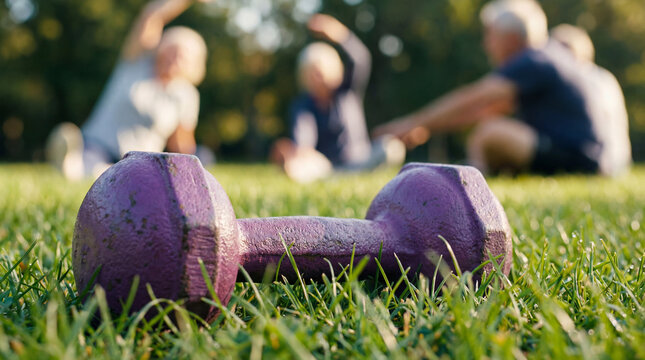Purple dumbbell on green grass close up, senior people exercising in park background, outdoor fitness, morning workout, healthy lifestyle, active aging, strength training, wellness, group exercise.