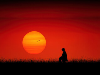 Naklejka premium Snowman silhouette at sunset