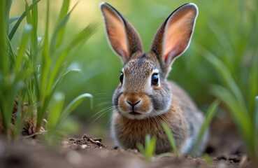 Fototapeta premium Small wild rabbit sits in lush green grass. Cute furry animal has big ears and brown eyes. Baby cottontail nibbles on plants in a sunny field.