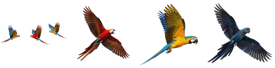 Title: Set of colorful macaw parrots in flight including scarlet, blue-and-yellow, and hyacinth macaws © Jamil