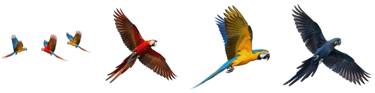 Title: Set of colorful macaw parrots in flight including scarlet, blue-and-yellow, and hyacinth macaws
