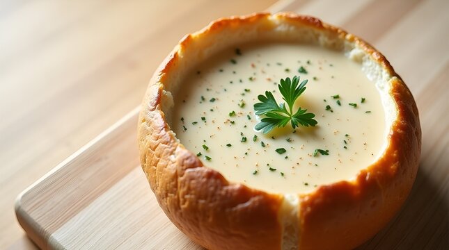Clam Chowder in Bread Bowl with Parsley Garnish Overhead Shot