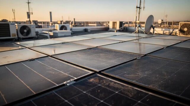 Rooftop perspective highlighting solar panel arrays with crisp details while nearby antennas and structures remain blurred.
