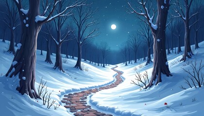 Naklejka premium Winding stone path through snowy forest at night. Bare trees covered in snow under moonlight. Winter woodland scene offers peaceful serene mood for holidays and cold season.