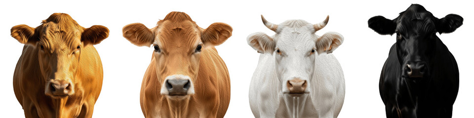 Title: Set of various domestic cow breeds including brown, white, and black cattle isolated on white background © Druvh
