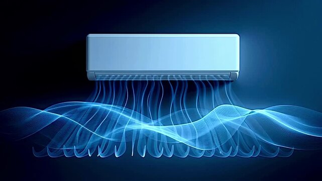 Modern air conditioner unit on a dark wall blowing cold air, represented by stylized blue waves. A climate control system for domestic comfort, cooling the air and creating a fresh environment
