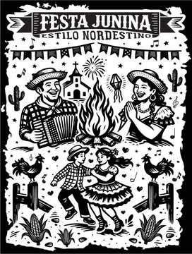 Nordestine Festa Junina Woodcut Illustration with Traditional Brazilian Folk Celebration