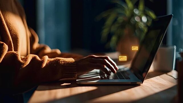 Businesswoman hands typing on a laptop, sending and receiving instant messages and emails while working in an office with animated icons flying out of the screen, showcasing digital communication