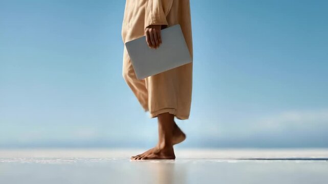 Digital nomad walks barefoot on a pristine salt flat, embracing the work and travel lifestyle, laptop in hand, demonstrating freedom and remote work possibilities