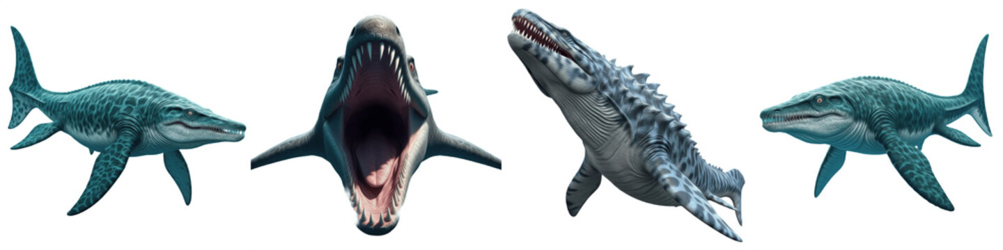 Title: Set of prehistoric Mosasaurus marine reptiles in various poses and swimming angles isolated on white background