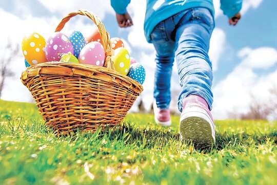 Child Walking Outdoors with Easter Egg Basket on a Sunny Day in a Green Field