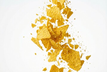 Pile tortilla chips crumbs, yellow pieces flying isolated on white background