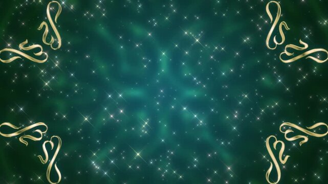 Luxury deep green animation with shiny arabesque patterns and sparkling particles, creating a sophisticated atmosphere for cultural content
